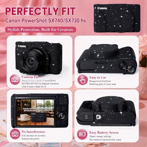 Cute Camera Case for Canon PowerShot SX740 HS/SX730 HS,Silicone Protective Cover with Removable Lens Cap,Wrist Strap & 2 Pack Tempered Glass Screen Protector for Women (Black Star) - Image 5