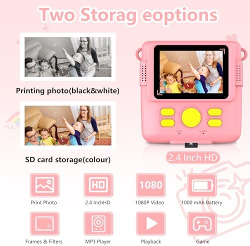Instant Print Camera for Kids,Christmas Birthday Gifts for Age 3-12 Girls Boys，1080P HD Digital Video Cameras for Toddler,Kids Portable Toy with 3 Rolls Photo Paper，32GB Card-Pink - Image 2