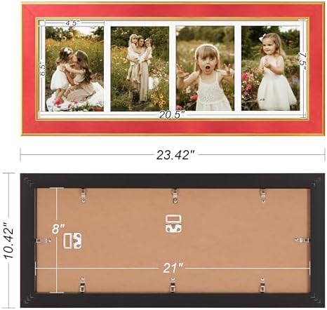 Suede 8x21 Picture Frame Display 4 Opening 5x7 Picture Frames Collage Wall Decor with Mat,Multi Photo Frame for Plexiglass,Wall Decor,1Pack,Red - Image 4