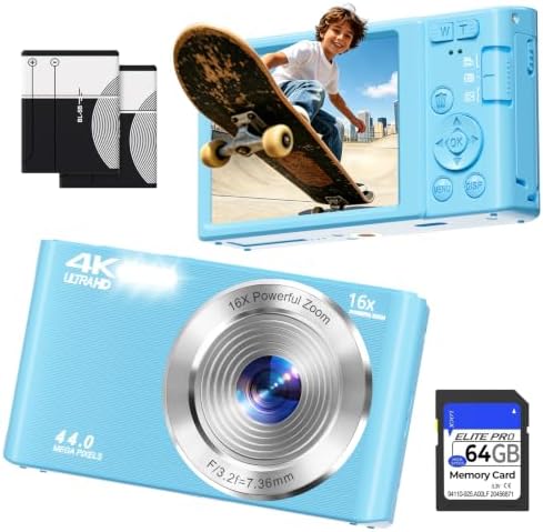 Digital Camera 4K, 44MP Autofocus Compact Digital Camera, 64GB, 2 Batteries by KPMORLY