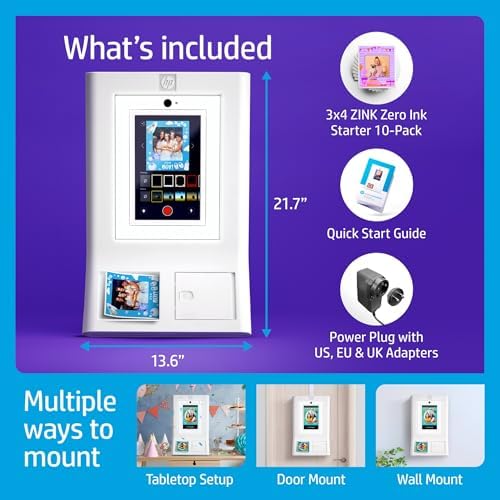 HP Sprocket Photo Booth Machine Instant Color Photo Printer - 10.1" Touchscreen Photobooth, LED Ring Light - Customize w/ 250+ Frames, Prints on 3x4 Zink Paper or Share via QR Code, Mobile App - White - Image 2