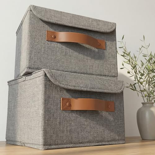 Decorative Linen Storage Boxes with Lids - Spacious Set of 2 Organizer Bins by ZICOTO