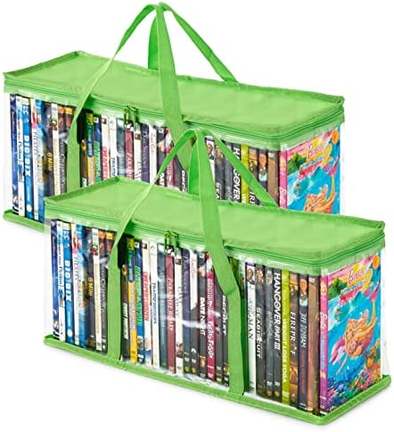 Stock Your Home DVD Storage Bags (Set of 2) Media Organizer Bag for DVDs, CDs, Blu Ray Disc, Movie Cases, VHS Box, Video Game Disks, Clear Plastic Holders with Carrying Handles and Zipper - Green by StockYourHome