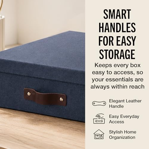 Bigso Oskar Canvas Fiberboard Document Letter Box - File Organizer Box for Important Paperwork - Document Storage with a Lid & Handle - 3.3 in x 10.2 in x 13.8 in - 3 Pack - Blue - Image 5
