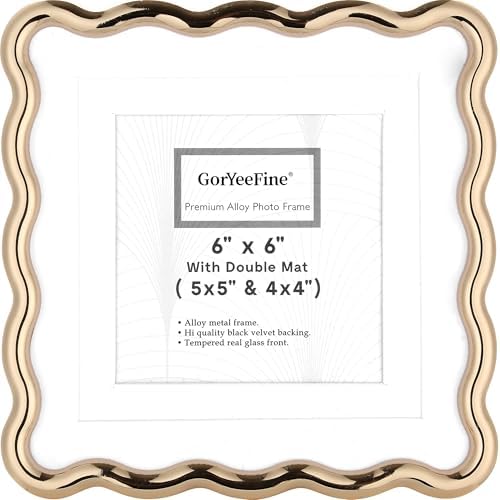 Gold 6x6'' Wave Design Photo Frame with Acid Free Double Mat for 5x5'' & 4x4'',High-End Zinc Alloy Picture Frames with Velvet Backing,Fashionable Style Gold Frames 5x5'' For Tabletop or Wall Display by GorYeeFine
