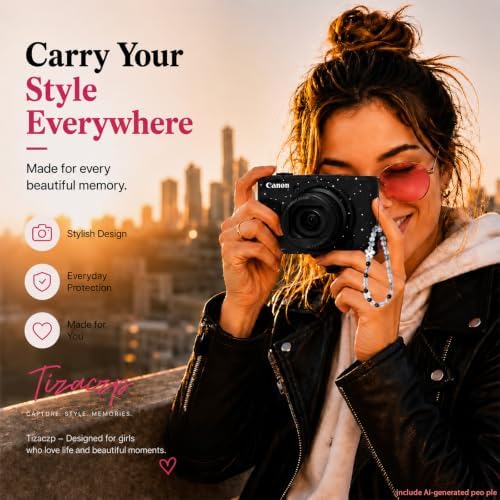 Cute Camera Case for Canon PowerShot SX740 HS/SX730 HS,Silicone Protective Cover with Removable Lens Cap,Wrist Strap & 2 Pack Tempered Glass Screen Protector for Women (Black Star) - Image 6