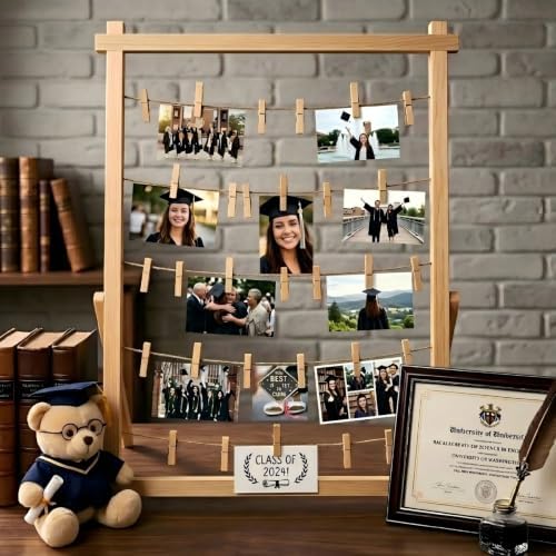 2026 Graduation Decorations Freestanding Wooden Photo Display Board with Clips - Class of 2026 Graduation Centerpiece Table Decorations,Large Picture Frame Collage Holds 30+ Photos (Natural Pine) - Image 3