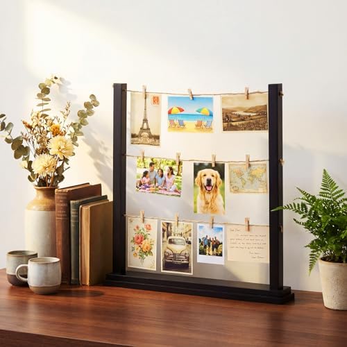 Cinnvoice Desk Photo Display Board with Clips Wooden Photo Holder for Table Picture Collage Board Tabletop Black Collage Frame Picture Postcard Display Stand Classroom Wedding Anniversary Home Decor - Image 3