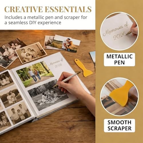 Photo Album Self Adhesive Pages Scrapbook, 13.2x12.8 Grey 120 Pages - Image 4