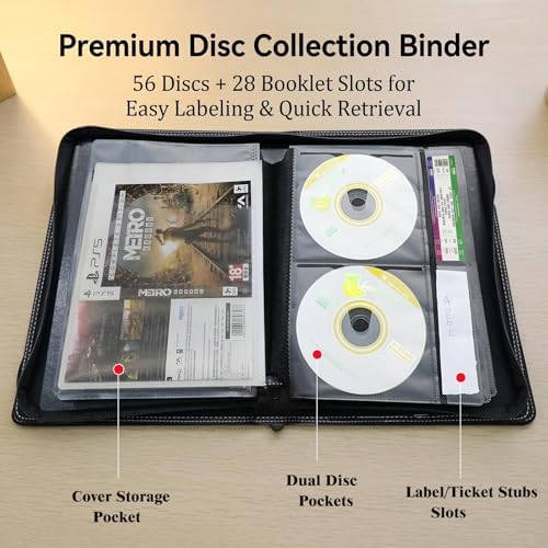 CD DVD Storage Binder 3 Pack, Holds 168 Discs and 84 Booklets with Tag Slots, Portable Media Disc Organizer for Blu ray, Music, Video Games, Home Collection and Car (Black Pages) - Image 3