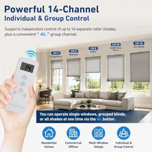 14 Channel RF Remote Control for Roller Shades – Compatible with ERB25/EY2512 Motorized Blinds Systems, Individual & Group Control, Replace Lost or Broken Remote for RF Tubular Motors (Not Universal) - Image 7