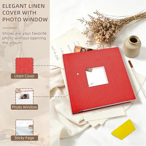 Popotop Photo Album Self Adhesive with Picture Display Window,60 Pages DIY Scrapbooking Supplies Kit for 4x6 10x12 Picture,Linen Cover Memory Book for Baby Wedding, with Scraper and Metallic Pen - Image 3
