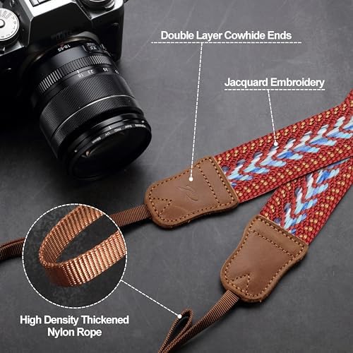 Padwa Lifestyle Speed Red Camera Strap - 1.5" Soft Cotton Rope Weave Crazy Horse Cowhide Head Camera Straps for Photographers and All Cameras,Cute Adjustable Vintage Woven Strap for Adults & Kids - Image 4