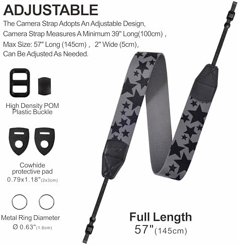 Padwa Lifestyle Pentagram Camera Strap - 2" Wide Genuine Leather Ends Camera Straps for Photographers, Vintage Five-Pointed Stars Print Nylon Weave Strap with Camera Quick Release fits All Cameras - Image 4