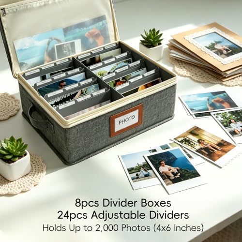 Linen Photo Storage Box with Zipper Lid & Side Handle and Adjustable Dividers,Holds Up to 2000 4x6 Pictures, Memory Keepsake Box for Wedding,Baby, Cards, Stamps, Grey - Image 3
