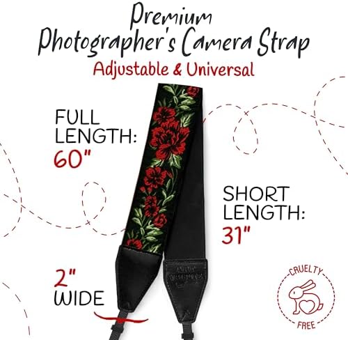 Camera Strap - Shoulder, Crossbody & Neck Camera Strap for Photographers, Fits All Cameras, Canon Nikon Sony Fujifilm, Padded Strap W/ Quick Release, Embroidered Cotton & Leather Ends, Red Roses - Image 5