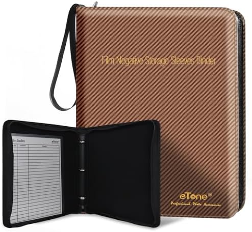 eTone Film Negative Storage Box, PU Leather 3-Ring Binder Album, Gold Foil, 13.18x7.08x1.96 Inch, Velvet Lined for 35mm 120 4x5 8x10 Negatives (Brown) by eTone