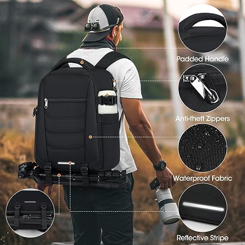 SDYSM Camera Bag Backpack Professional for DSLR SLR Mirrorless Camera Waterproof Laptop Back Pack 15.6 Inch with Rain Cover Anti Theft Travel Case Large Capacity Photography Backpack Black - Image 6
