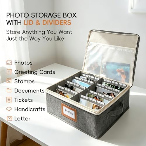 Linen Photo Storage Box with Zipper Lid & Side Handle and Adjustable Dividers,Holds Up to 2000 4x6 Pictures, Memory Keepsake Box for Wedding,Baby, Cards, Stamps, Grey - Image 7