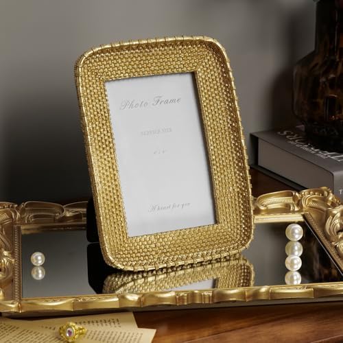 Cuspin 4x6 Gold Picture Frame, Vintage Rattan Textured Resin Photo Frame - Image 2