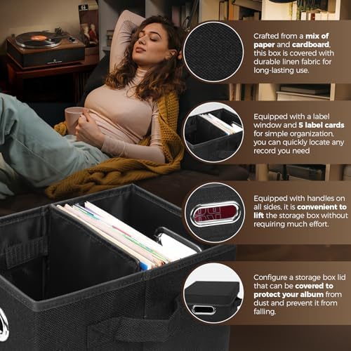 7-inch Vinyl Record Storage Box Set of 2 - Album Storage Holds 120+ Single Records, Decorative LP Storage Organizer Crate with Lid, Sturdy Moving Boxes for Vinyl, Easy to Carry and Organize Your Album - Image 4