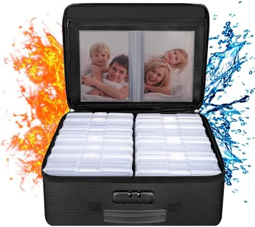 ENGPOW Fireproof Photo Storage Box with 16 Inner 4" x 6" Photo Case(Clear),Photo Box Organizer with Lock,Collapsible Portable Photo Storage Containers with Handle for Photos,Picture,Valuables by ENGPOW