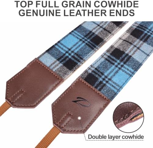 Padwa Lifestyle Camera Strap - 2" Full Grain Leather Ends Camera Straps for Photographers, Unique Vintage Cashmere and Soft Suede Fabric Padded Strap Quick Release fits All Cameras(Blue Check) - Image 3
