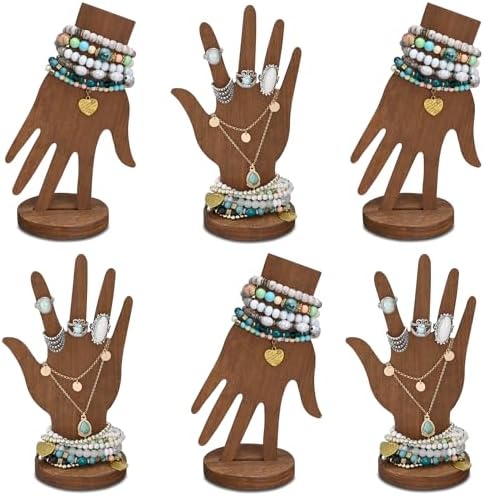 MOOCA 6-Piece Wooden Hand Form Jewelry Display Set - 2-Way Design for Wall Hanging or Standalone Mannequin Finger Hand Display, Brown Color by Mooca