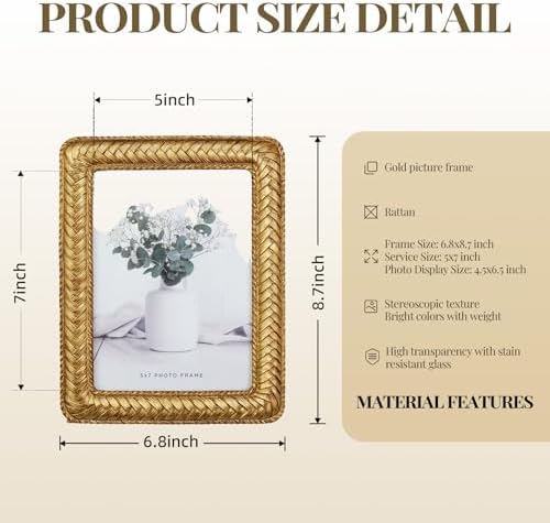 Cuspin 5x7 Gold Picture Frame Vintage Decorative Rattan Resin Photo Frame - Image 5