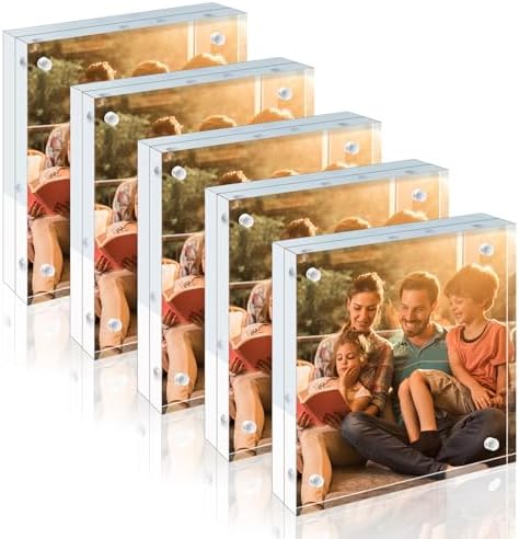 Egofine 4x4 Acrylic Frames 5 Pack, 20mm Thicker Frameless Clear Picture Frames, Double Sided Magnetic Picture Frames, Free Standing Desktop Display by Egofine