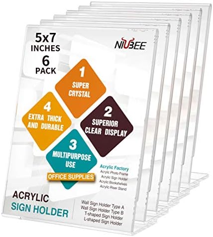 NIUBEE 5x7 Acrylic Sign Holder Vertical L-Shape Picture Frame 6 Pack by NIUBEE