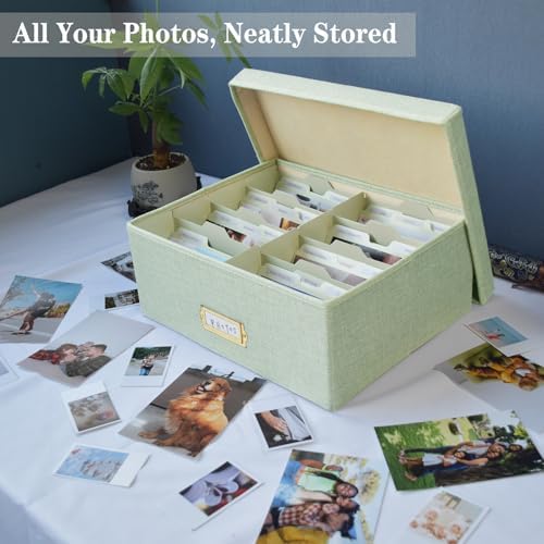 Linen Photo Storage Box – Holds 1700 Photos, Photo Organizer with Lid for Photo, Pictures, 24 Adjustable Dividers & 72 Labels Multi-Use Organizer Memory Box for Envelopes, Baby, Wedding, Cards Green - Image 2