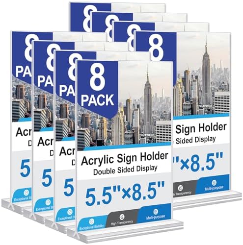 Acrylic Sign Holder 5.5x8.5 Inches 8 Pack, Double Sided Vertical Clear Display Stand, Plastic Frame Flyer Holder for Tabletop, Office, Restaurant, Store by Unknown
