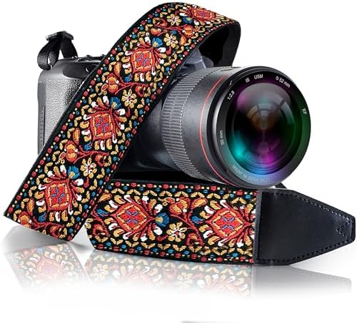 Art Tribute Camera Strap - Shoulder, Crossbody & Neck Camera Strap for Photographers, Fits All Cameras, Canon Nikon Sony Fujifilm, Padded Strap W/Quick Release, Embroidered Cotton & Leather Ends, Red by ArtTribute