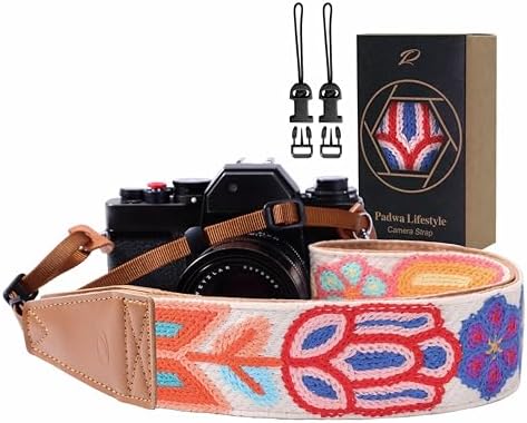 Padwa Lifestyle Colorful Crochet Camera Strap - 2" Full Grain Leather Ends Camera Straps for Photographers, Vintage Woven Cotton Soft Suede Fabric Padded Strap with Quick Release fits All Cameras by PadwaLifestyleCameraStrap