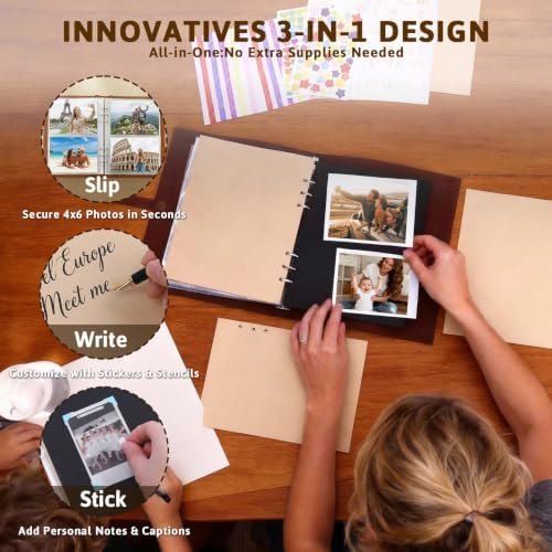 Vintage PU Leather DIY Scrapbook, 6-Ring Refillable 180° Lay Flat Photo Album Holds 220 4x6 Photos, 25 Blank Pages, Gift for Wedding Baby Travel Family - Image 4
