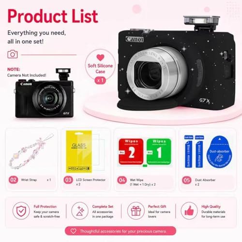 Cute Camera Case for Canon G7X Mark III,Silicone Protective Cover with Removable Lens Cap,Bracelet Wrist Strap & 2 Pack Tempered Glass Screen Protector for Women (Blcak Star) - Image 3
