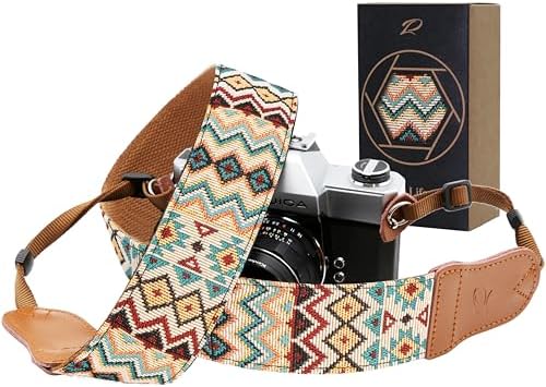 Padwa Lifestyle Cool Ethnic Style Apricot Camera Strap - 2"Cowhide Head Camera Straps for Photographers,Vintage Jacquard Embroidery Woven Cotton Adjustable Shoulder Neck Straps for Cameras,Binoculars by PadwaLifestyleCameraStrap