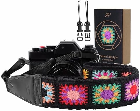 Padwa Lifestyle Colorful Crochet Camera Strap - 2" Full Grain Leather Ends Camera Straps for Photographers, Vintage Embroidered Cotton Soft Suede Fabric Padded Strap Quick Release fits All Cameras by PadwaLifestyleCameraStrap