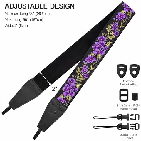Padwa Lifestyle Purple Rose Camera Strap - 2" Full Grain Leather Ends Camera Straps for Photographers, Vintage Embroidered Cotton Soft Suede Fabric Padded Strap Quick Release fits All Cameras - Image 6