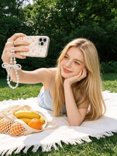Cell Phone Charm Pearl Beaded Phone Wrist Strap Elegant Aesthetic Handmade Anti-Lost Pearl Chain Bracelet for iPhone 17 Pro Samsung All Smartphones Wristlet Gift for Women Clear Crystal Double Bow Faux - Image 2