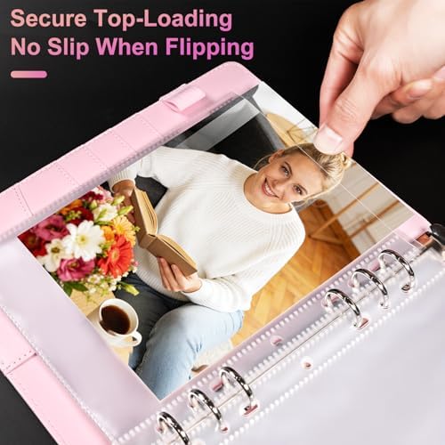 5x7 Photo Sleeve Album with 60 Pockets, A5 PU Leather Adjustable 6 Ring Binder, Clear Double-Sided Top Loading Pages for Photo Storage, Pink - Image 4