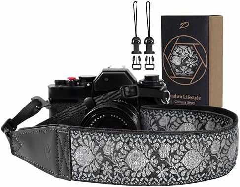 Padwa Lifestyle Gray Flower Camera Strap - 2" Full Grain Leather Ends Camera Straps for Photographers, Vintage Embroidered Cotton Weave Soft Suede Fabric Padded Strap Quick Release fits All Cameras by PadwaLifestyleCameraStrap