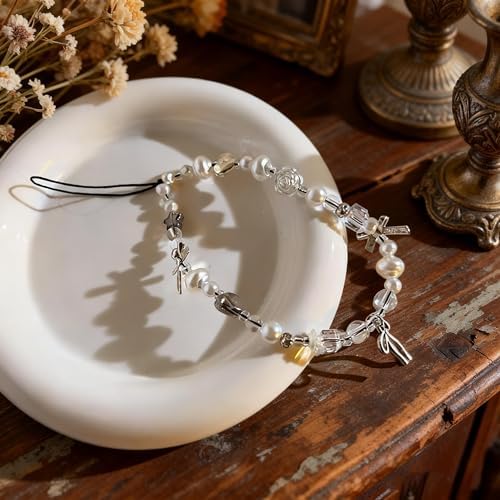 2 Pcs Phone Charm Strap Hand for iPhone Wrist Strap Camera Lanyard Pearl Beaded Cute Chain String Accessories Universal for iPhone 17 Pro 16 15 Samsung Women Girls Keychain Pearl Heart and Butterfly - Image 3