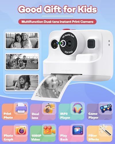 Dylanto Instant Print Camera for Kids,2.4 Inch Screen Kids Instant Cameras, Christmas Birthday Gifts for Girls Age 3-12, Portable Toddler Toy for 3 4 5 6 7 8 9 10 Year Old Girls Boys White - Image 2