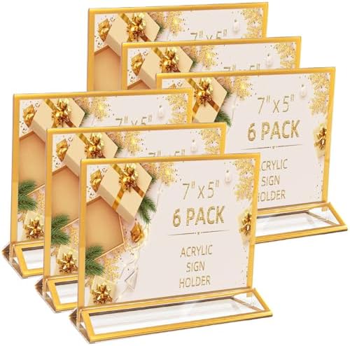 6 Pack Gold Picture Frames 5x7" Acrylic Sign Holders for Wedding, Horizontal Menu Holders Double-Sided Table Numbers Holders for Hotel, Christmas Display Stand Party Photo Frames Office Flyer Holder by Pansyling