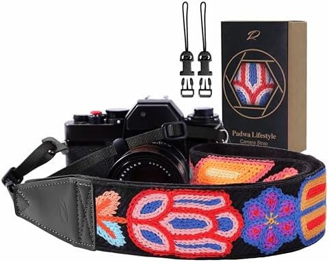 Padwa Lifestyle Colorful Crochet Camera Strap - 2" Full Grain Leather Ends Camera Straps for Photographers, Vintage Woven Cotton Soft Suede Fabric Padded Strap with Quick Release fits All Cameras by PadwaLifestyleCameraStrap