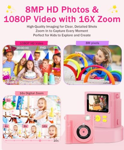 Kids Instant Print Camera Ages 3-12 1080P Selfie 2.4" Screen 32GB Gift Pink - Image 4