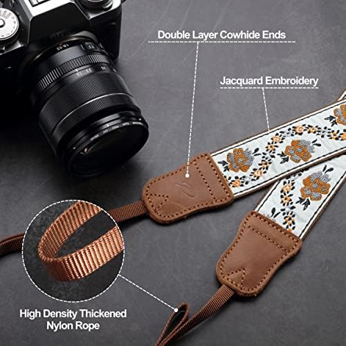 Padwa Lifestyle Camera Strap - 1.5" Crazy Horse Cowhide Head Cotton Strap,Vintage Embroidery Camera Straps for Photographers and All Cameras,Cute Adjustable Shoulder Neck Strap for Adults & Kids - Image 3