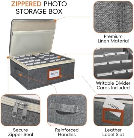 Linen Photo Storage Box with Zipper Lid & Side Handle and Adjustable Dividers,Holds Up to 2000 4x6 Pictures, Memory Keepsake Box for Wedding,Baby, Cards, Stamps, Grey - Image 5